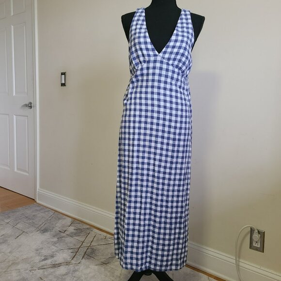 Linen Blend Gingham Dress M Petite Blue Check Tie Back Sundress Old Navy - Picture 2 of 9